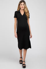 Black Collared Ribbed Maternity Midi Dress
