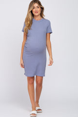 Blue Ribbed Ruched Side Fitted Short Sleeve Maternity Dress
