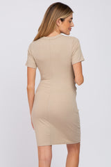 Beige Ribbed Ruched Side Fitted Short Sleeve Maternity Dress