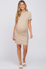 Beige Ribbed Ruched Side Fitted Short Sleeve Maternity Dress