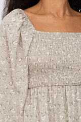 Light Olive Floral Square Neck Midi Dress