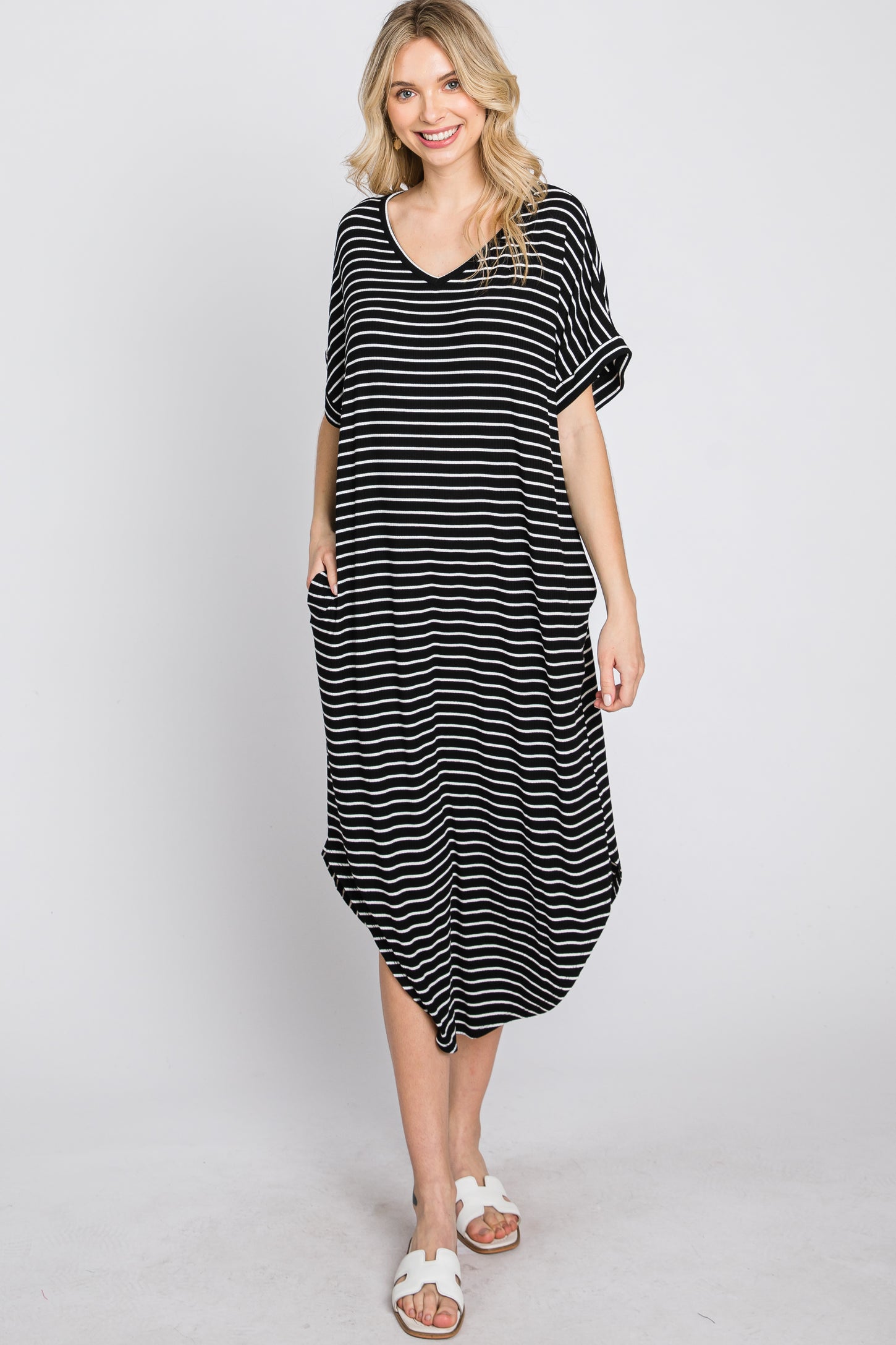 Black Striped Ribbed Curved Hem Midi Dress