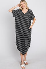 Black Striped Ribbed Curved Hem Midi Dress