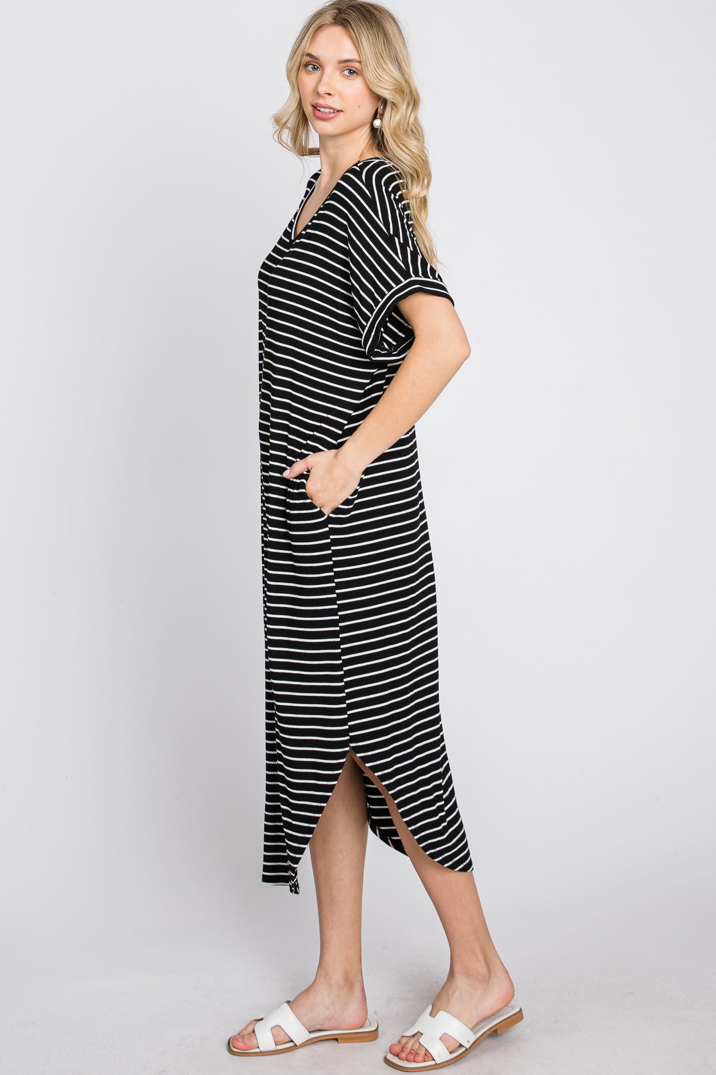 Black Striped Ribbed Curved Hem Midi Dress