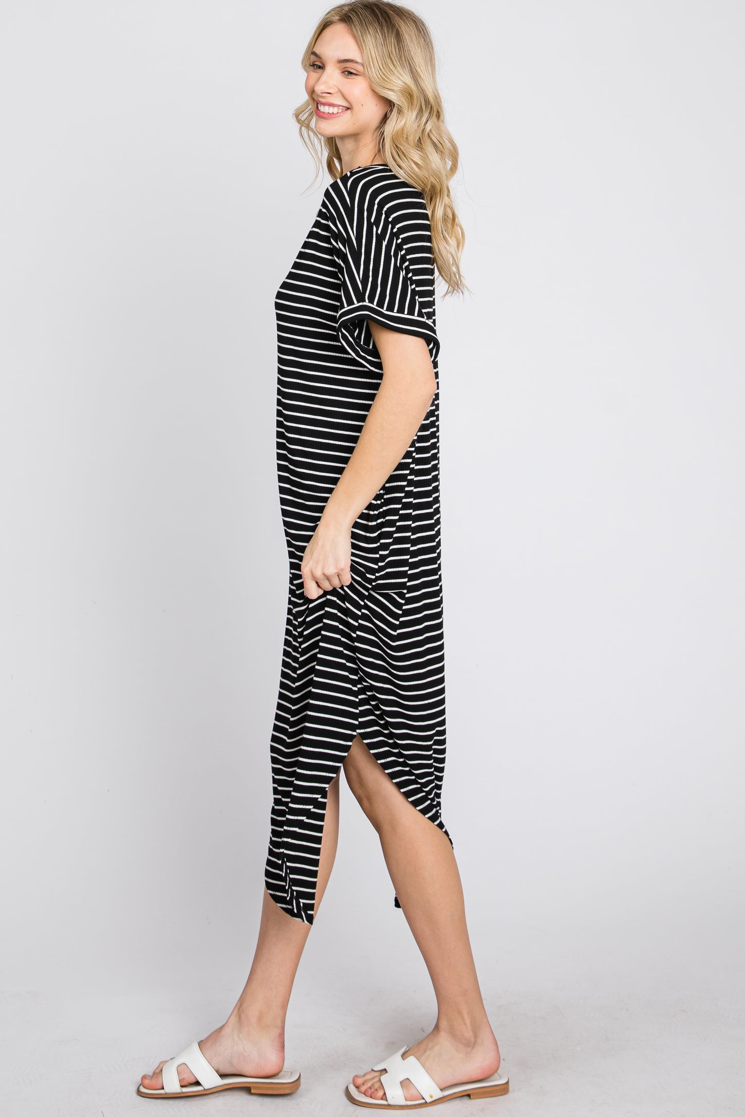 Black Striped Ribbed Curved Hem Midi Dress