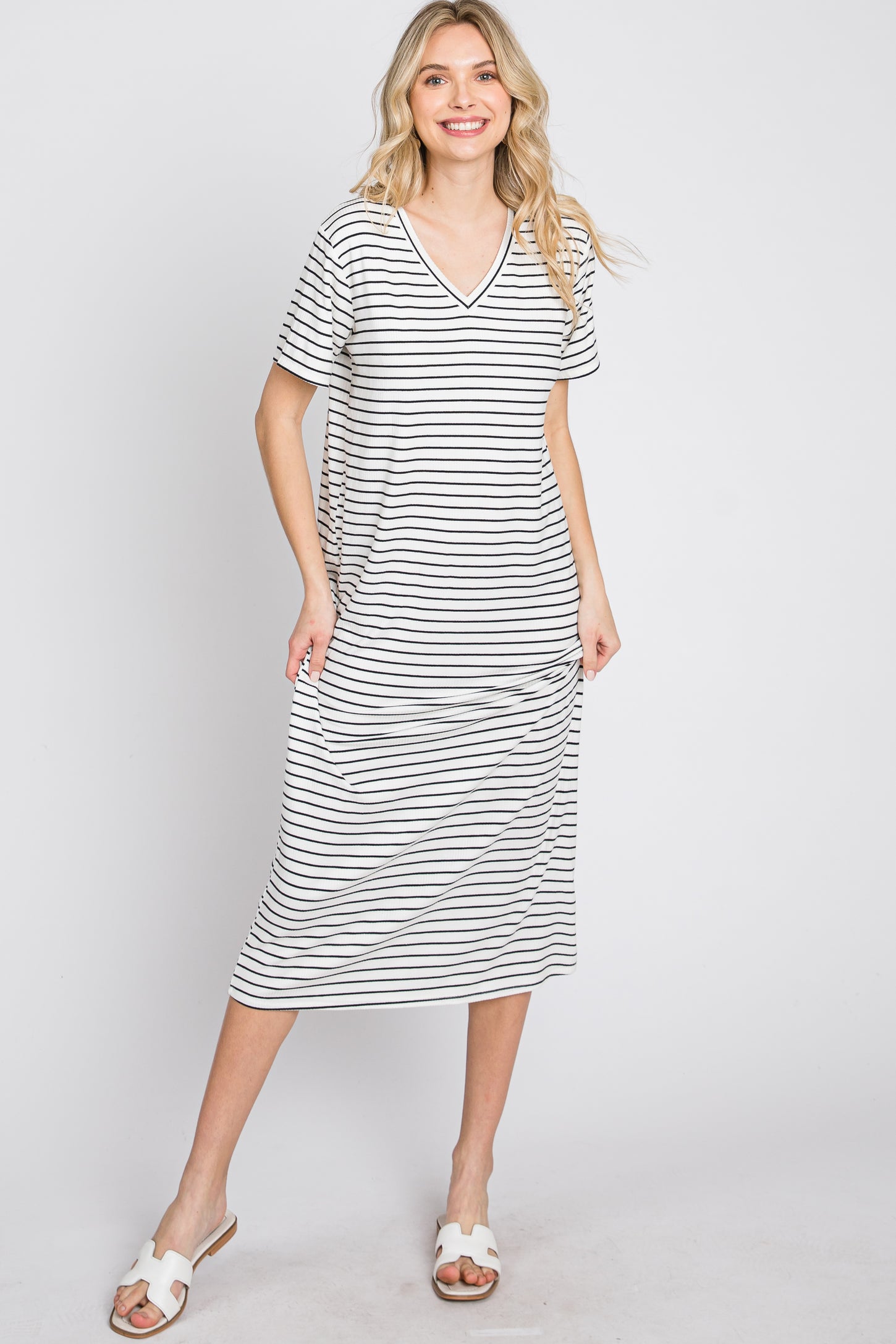 Ivory Striped Ribbed Midi Dress