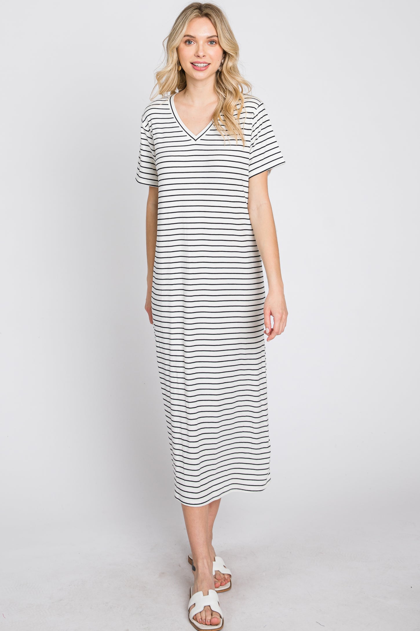 Ivory Striped Ribbed Midi Dress