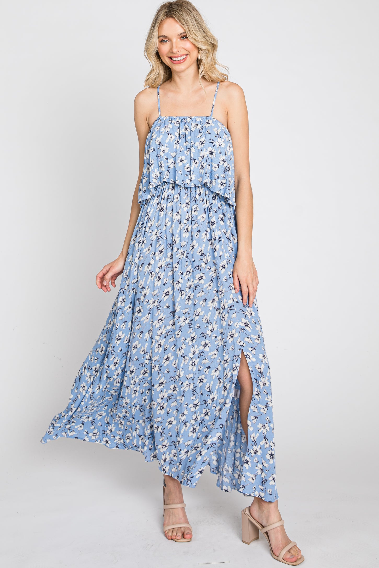 Light Blue Floral Flounce Maxi Dress