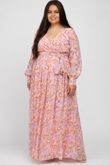Pink Floral Chiffon Long Sleeve Pleated Maternity Plus Maxi Dress