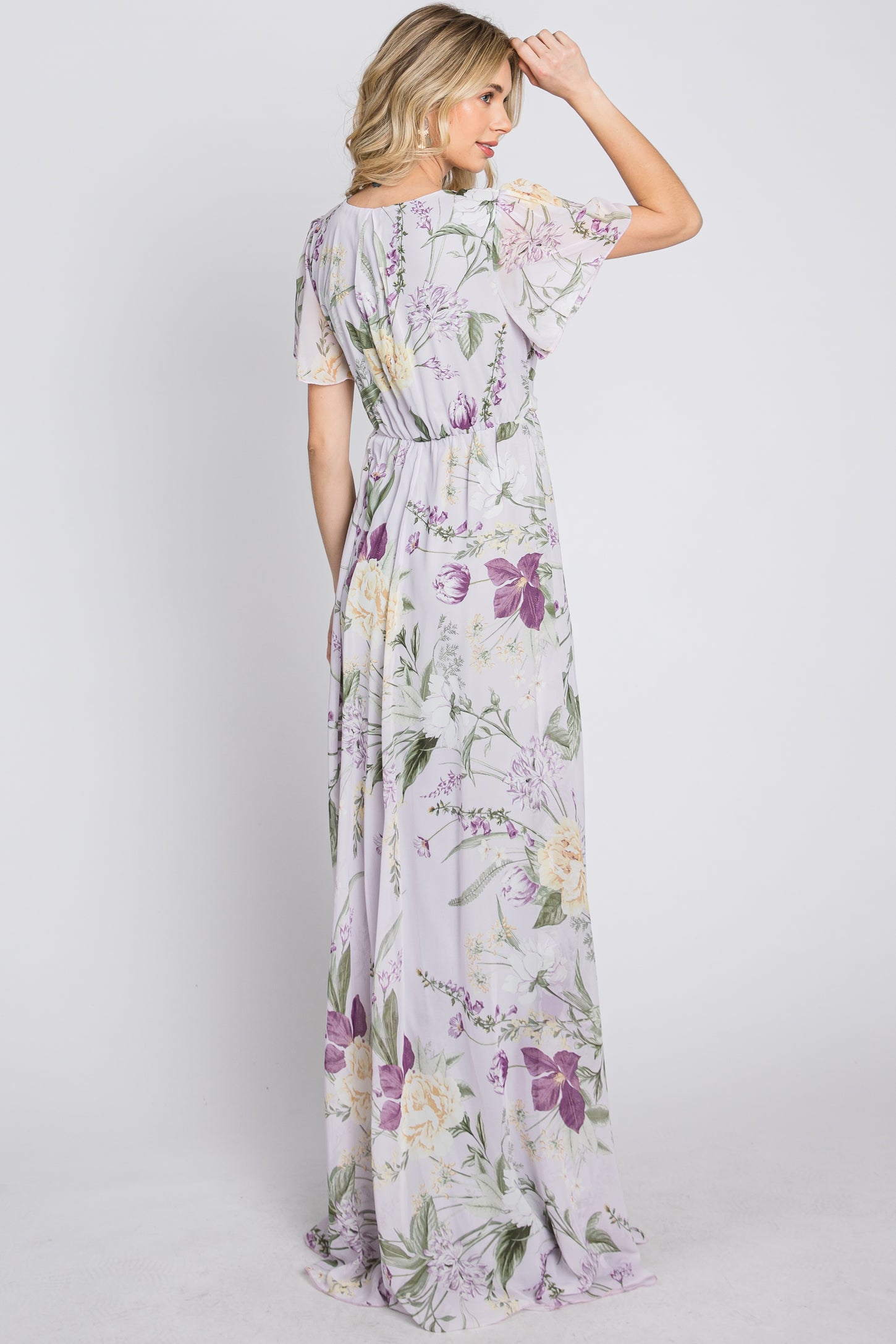 Lavender Floral Chiffon Short Sleeve Maxi Dress