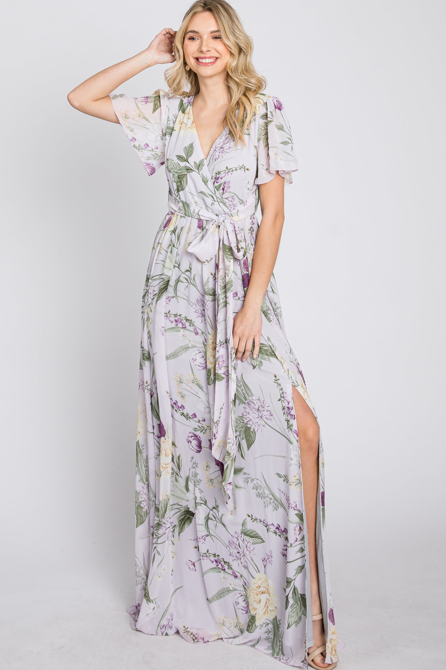 Lavender Floral Chiffon Short Sleeve Maxi Dress