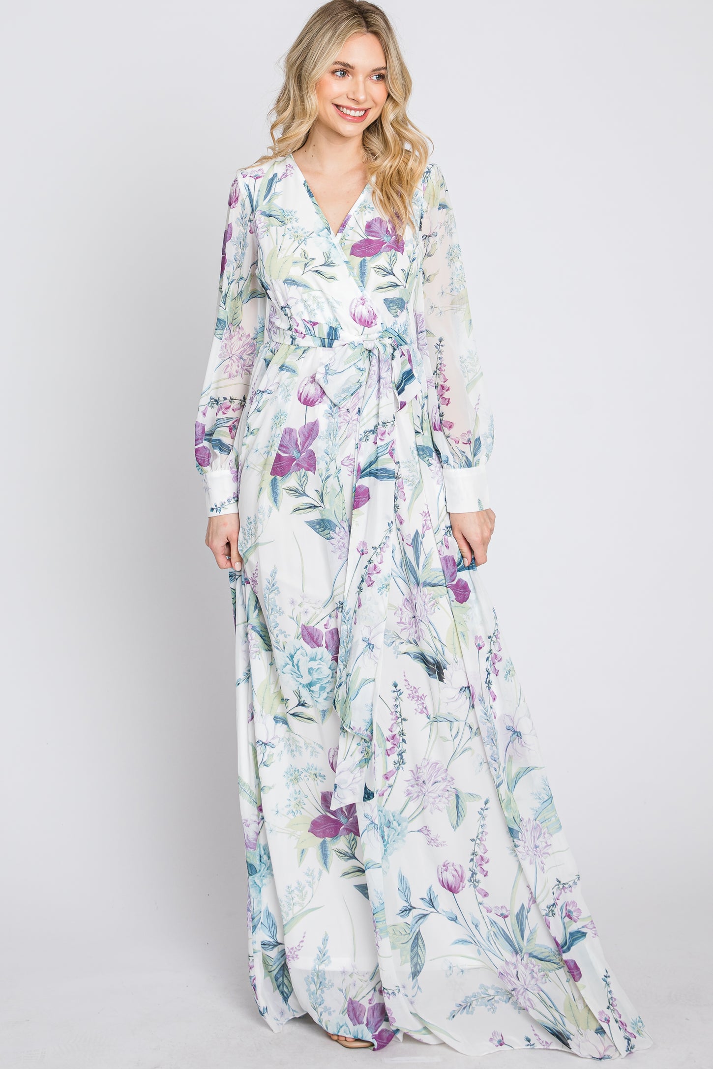 White Floral Chiffon Long Sleeve Pleated Maxi Dress