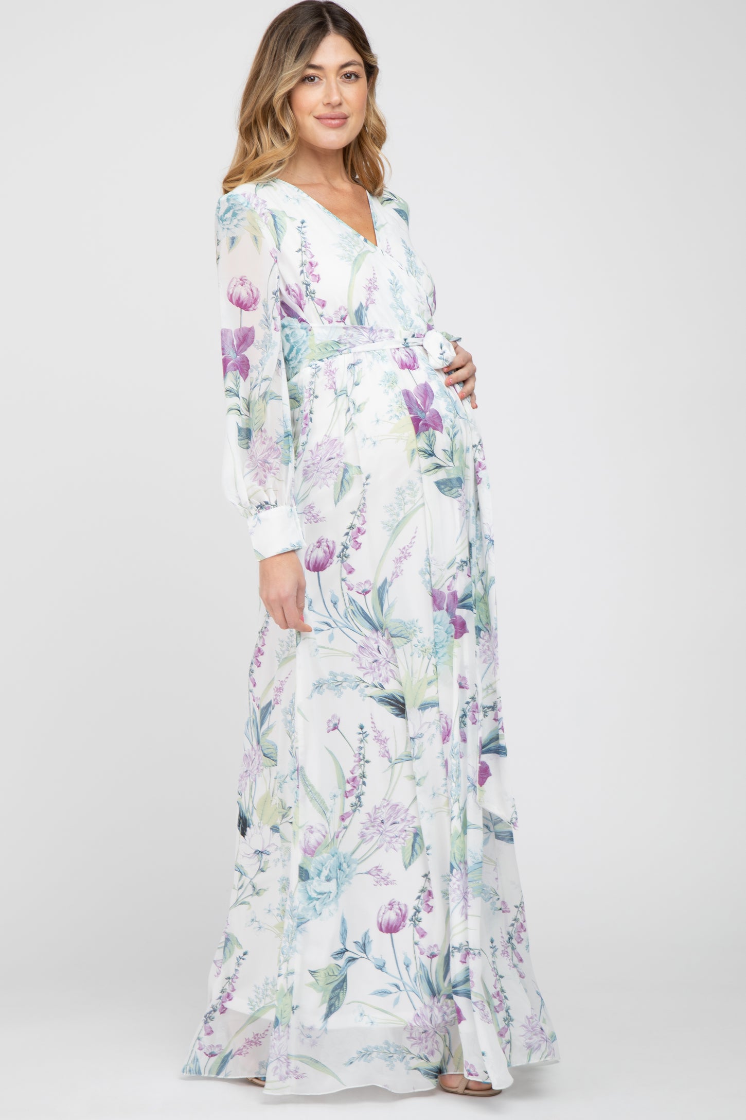 White Floral Chiffon Long Sleeve Pleated Maternity Maxi Dress