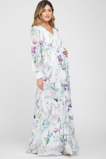 White Floral Chiffon Long Sleeve Pleated Maternity Maxi Dress