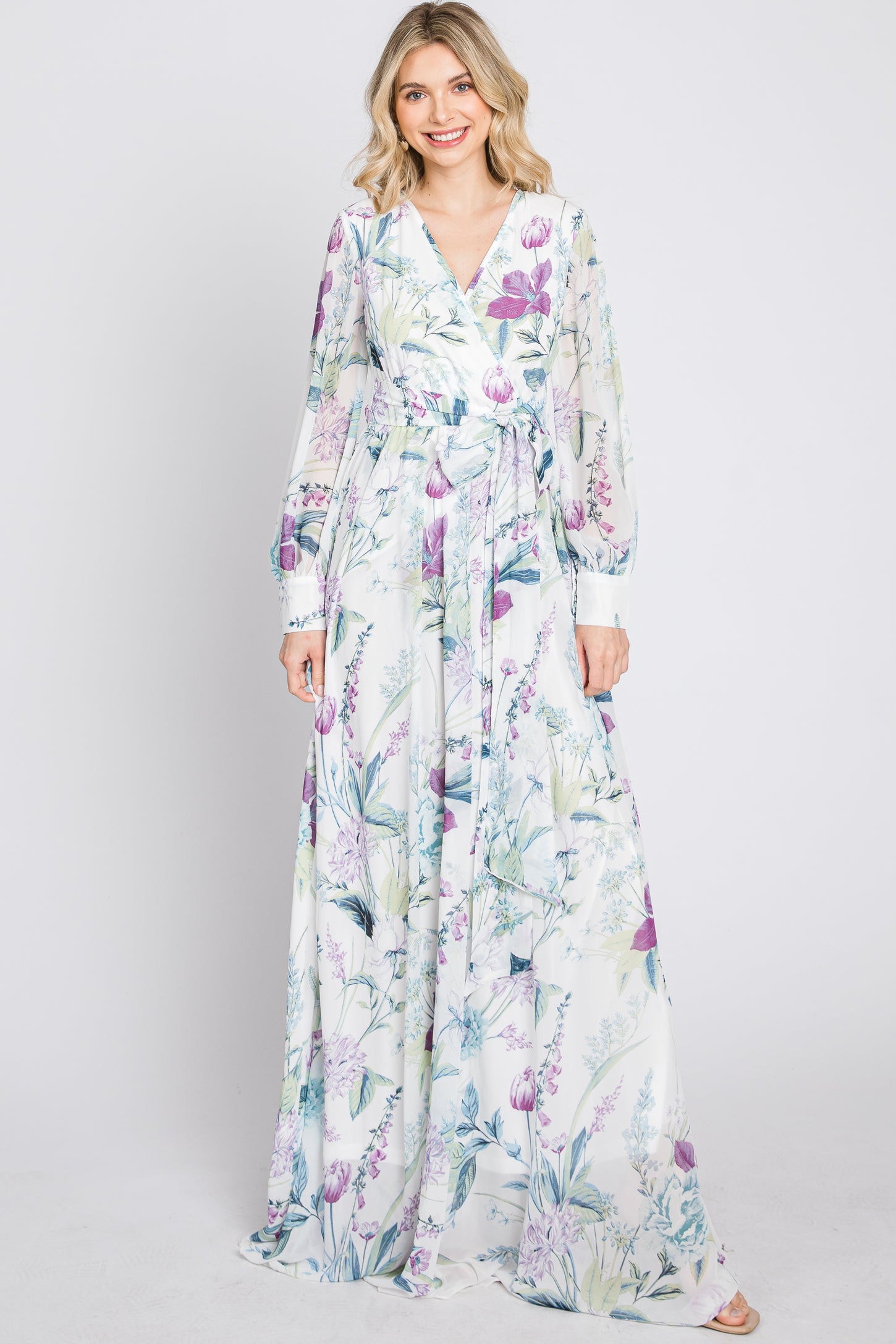 White Floral Chiffon Long Sleeve Pleated Maxi Dress PinkBlush White Floral Chiffon Long Sleeve Pleated Maxi Dress PinkBlush