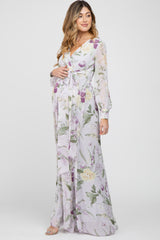 Lavender Floral Chiffon Long Sleeve Pleated Maternity Maxi Dress