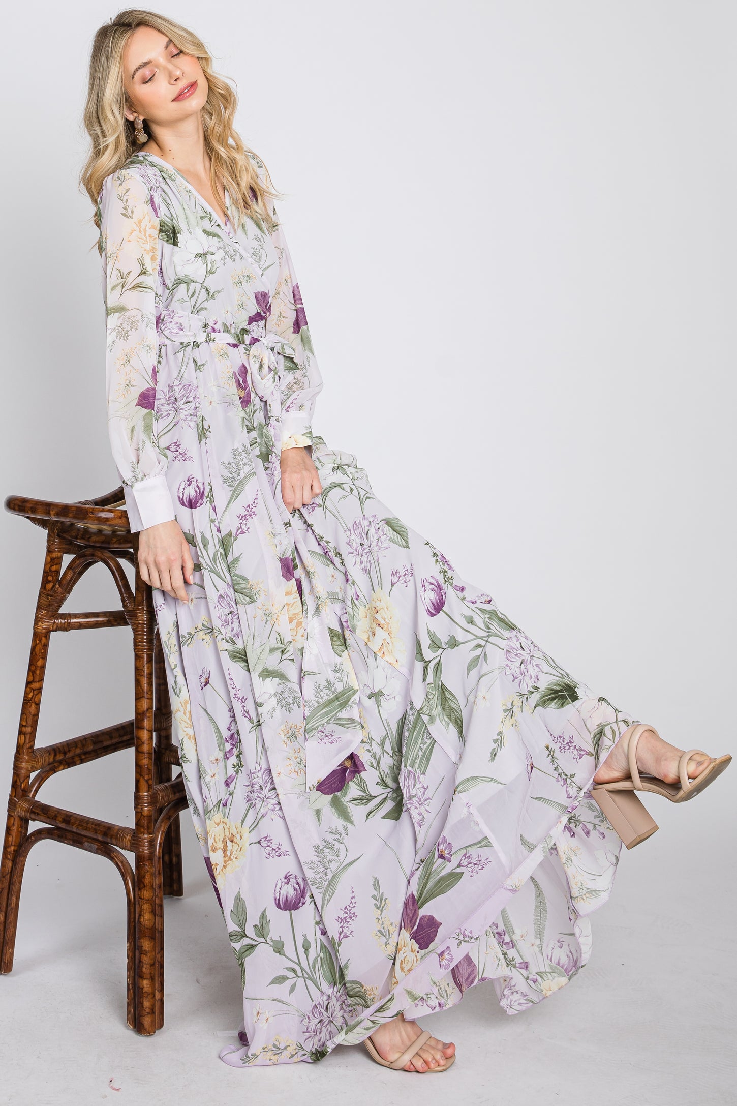 Lavender Floral Chiffon Long Sleeve Pleated Maternity Maxi Dress