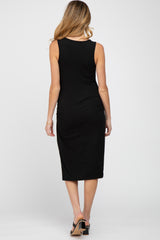 Black Ribbed Ruched Maternity Fitted Midi Dress