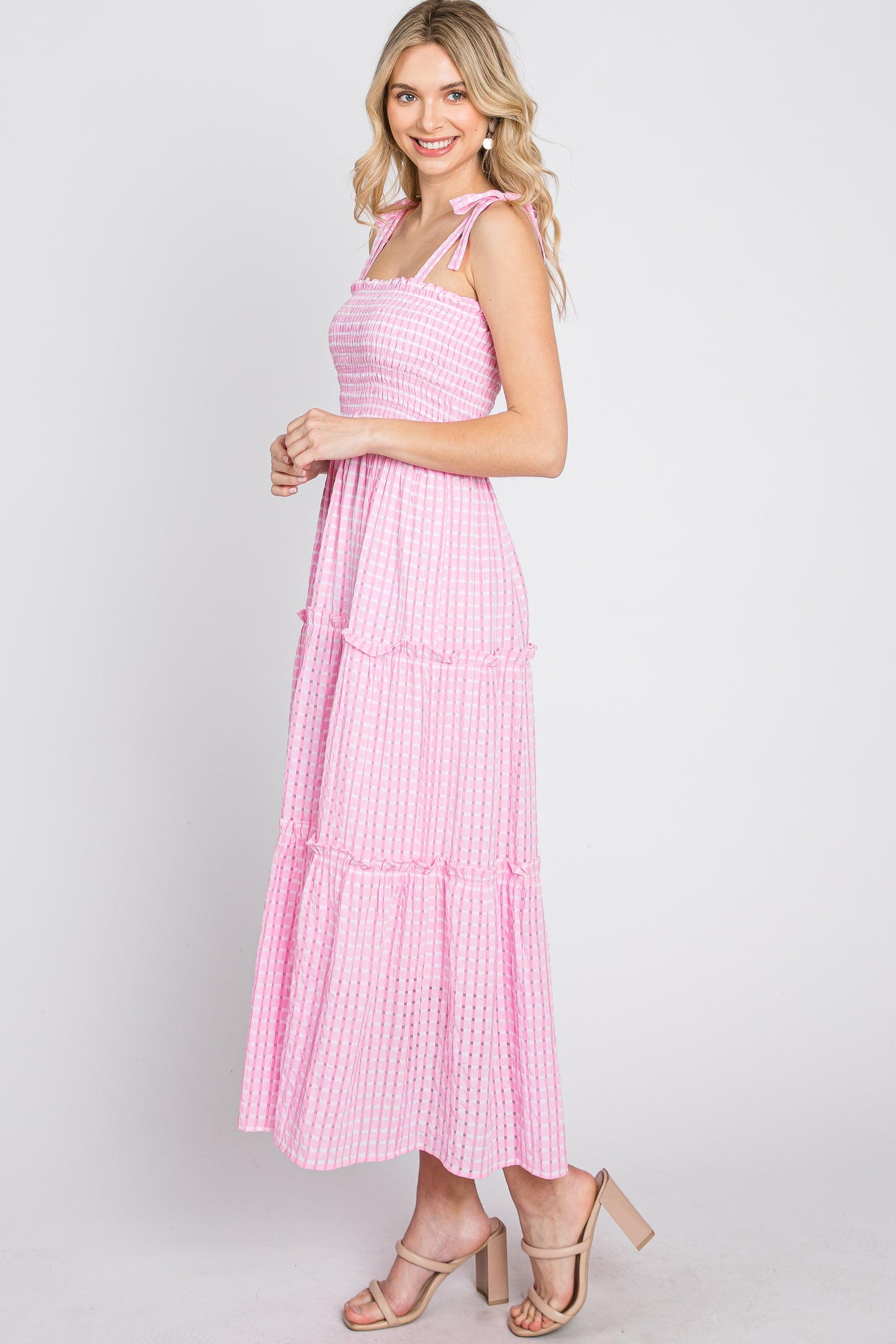 Pink Striped Smocked Shoulder Tie Midi Dress