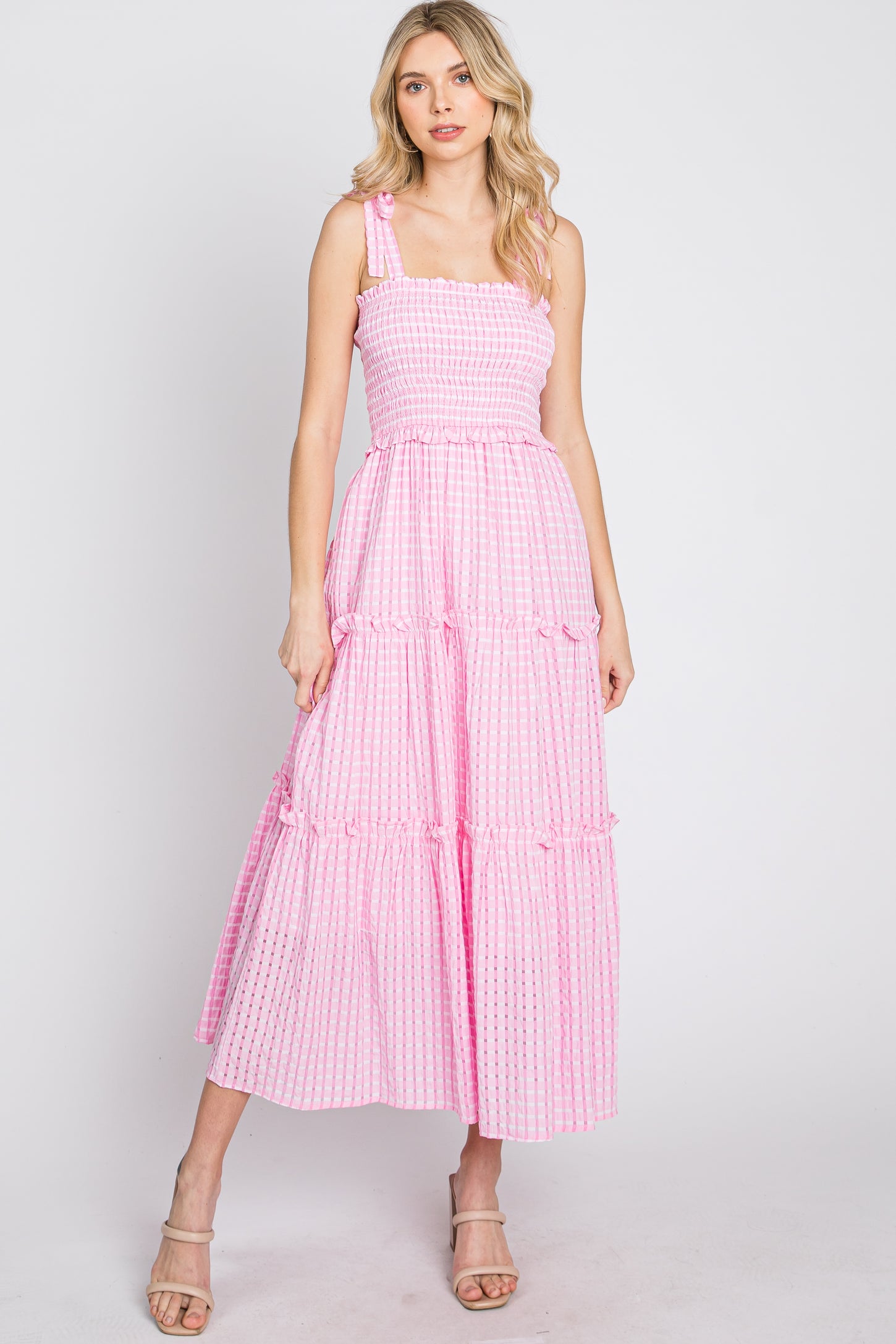 Pink Striped Smocked Shoulder Tie Midi Dress