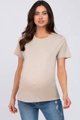 Beige Basic Short Sleeve Maternity Top