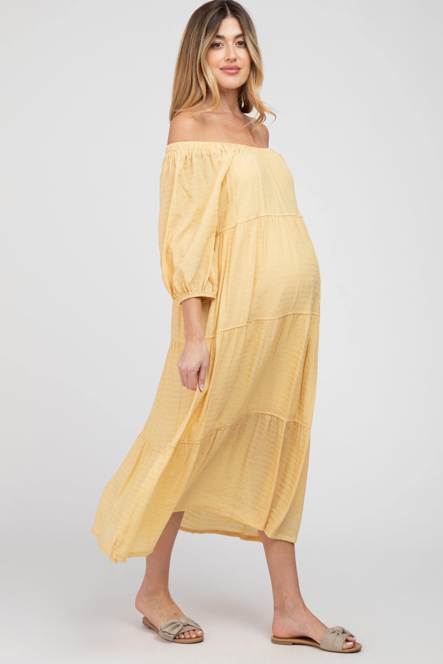 Yellow Tiered Maternity Midi Dress