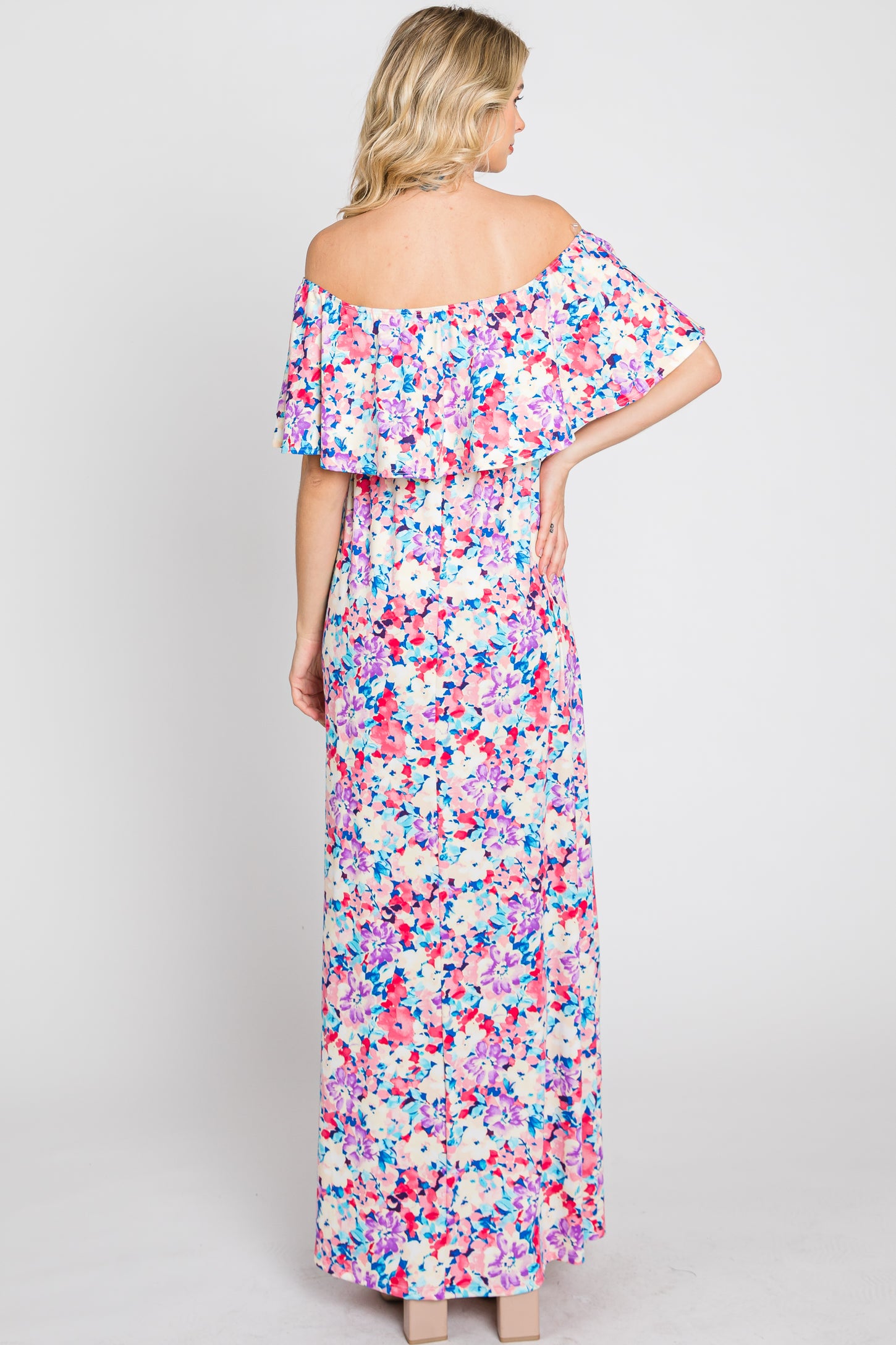 Pink Floral Off Shoulder Maxi Dress