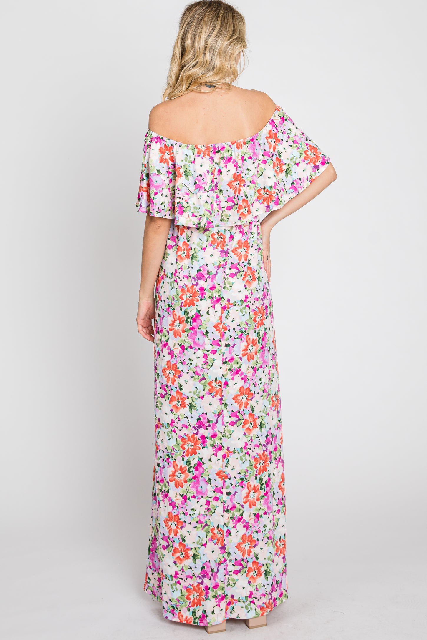 Fuchsia Floral Off Shoulder Maxi Dress