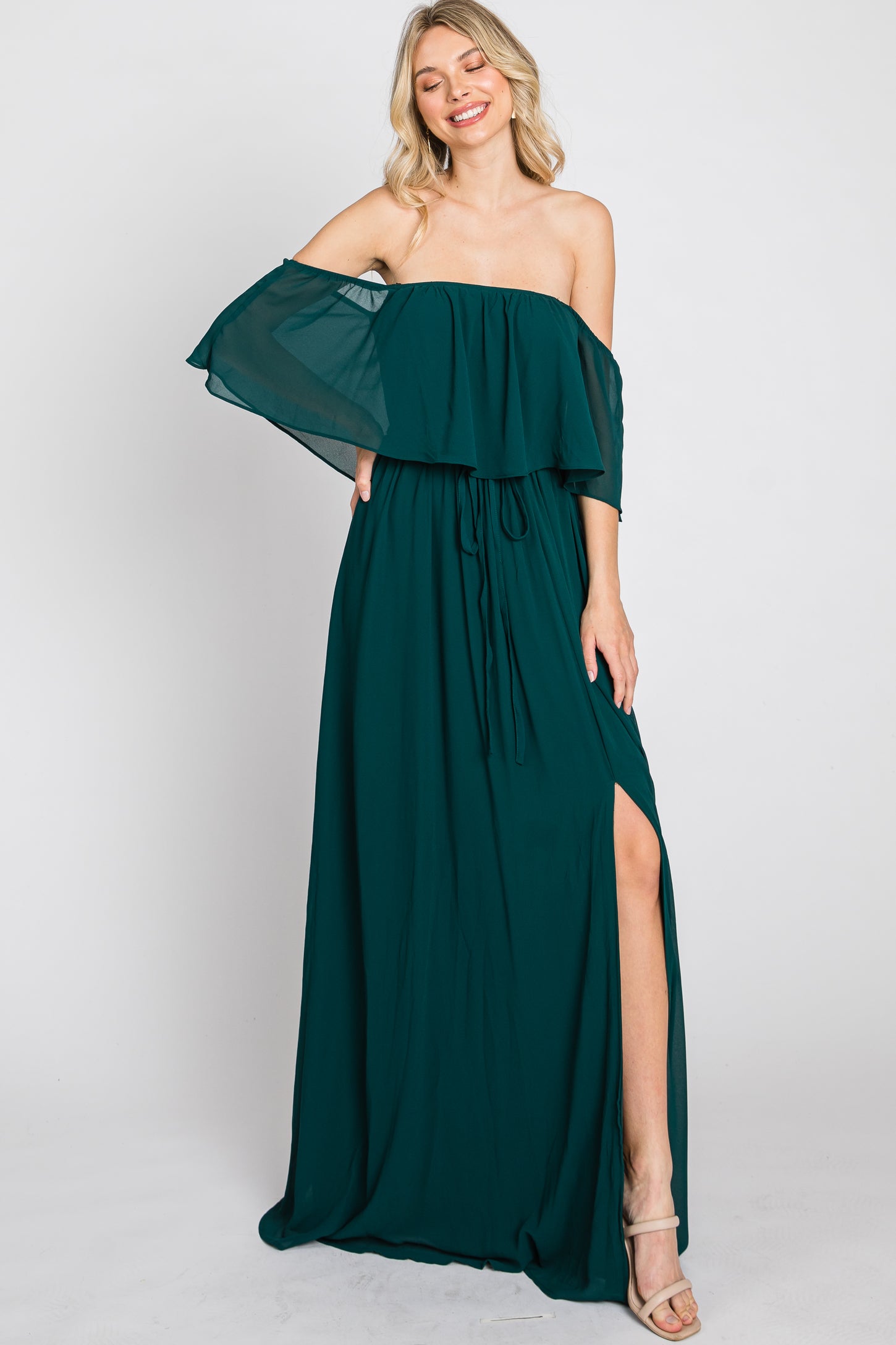 Emerald Green Chiffon Off Shoulder Maxi Dress