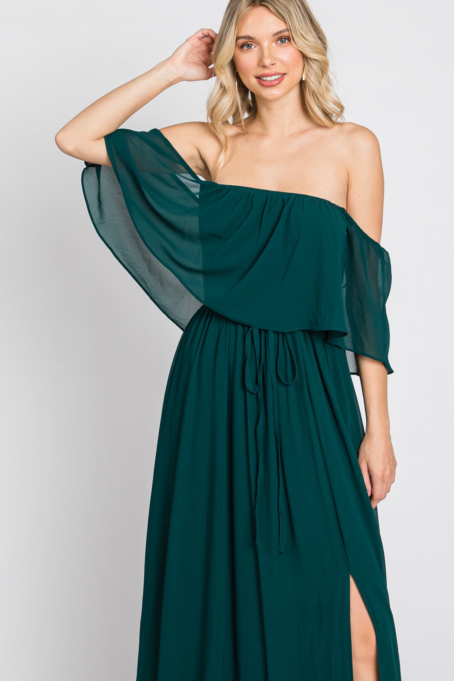Emerald Green Chiffon Off Shoulder Maxi Dress PinkBlush Emerald Green Chiffon Off Shoulder Maxi Dress PinkBlush