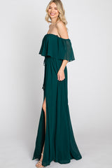 Emerald Green Chiffon Off Shoulder Maxi Dress