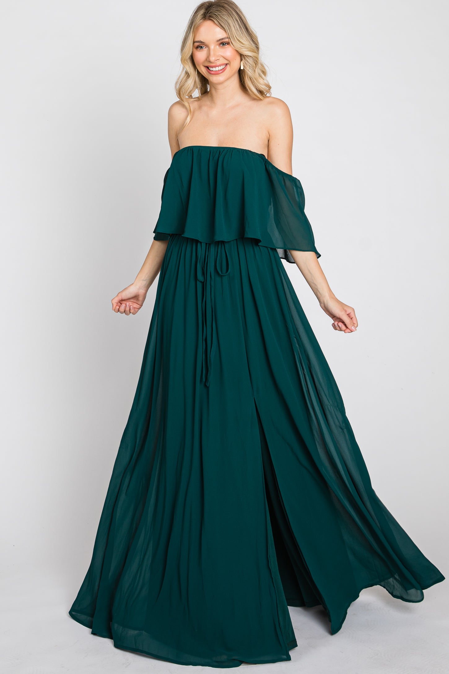 Emerald Green Chiffon Off Shoulder Maxi Dress