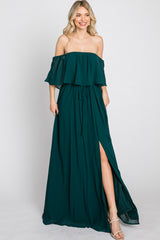Emerald Green Chiffon Off Shoulder Maxi Dress