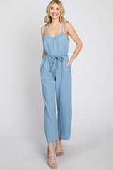 Blue Shoulder Tie Linen Jumpsuit