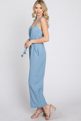 Blue Shoulder Tie Linen Jumpsuit