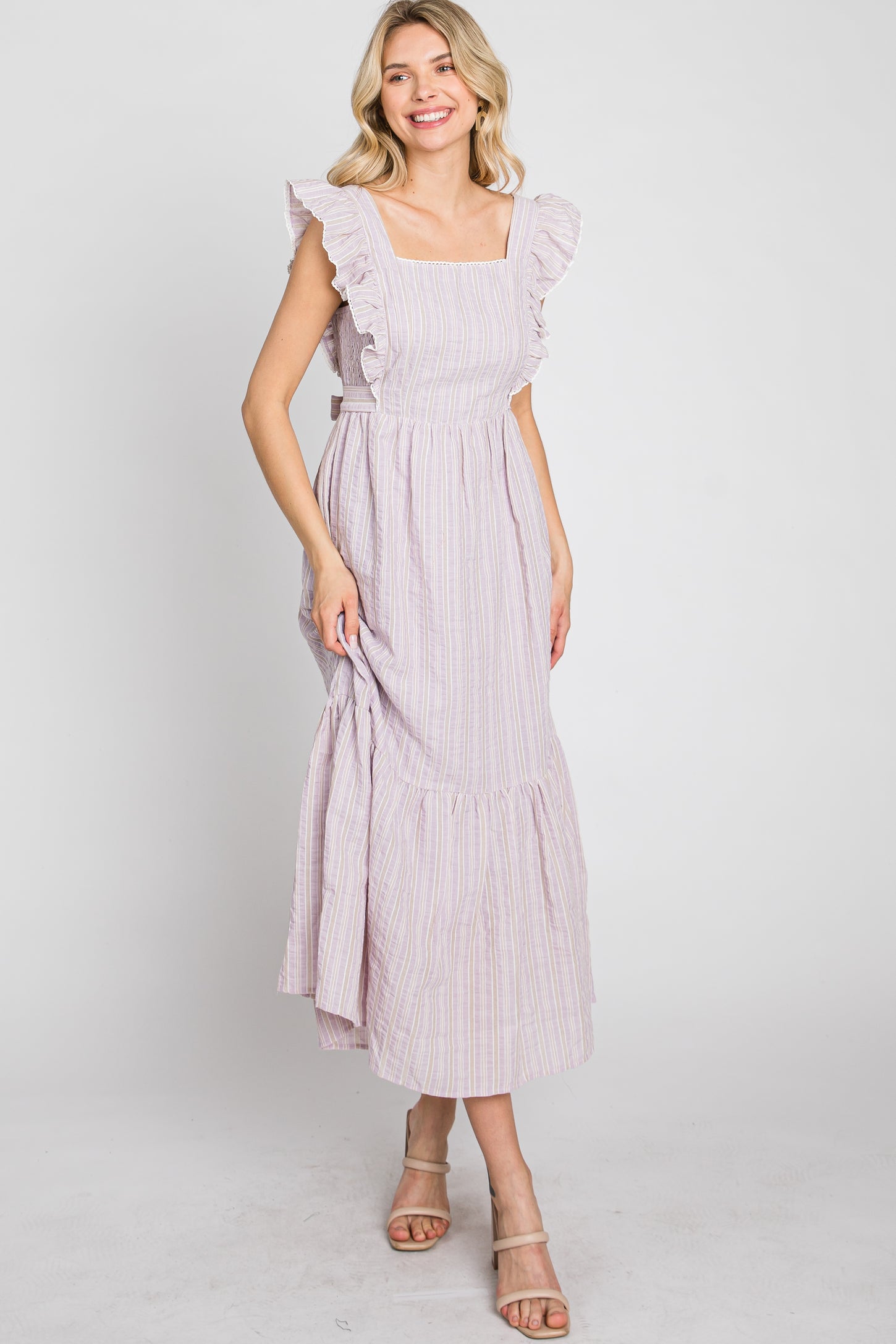 Lilac Striped Ruffle Accent Pinafore Midi Dress