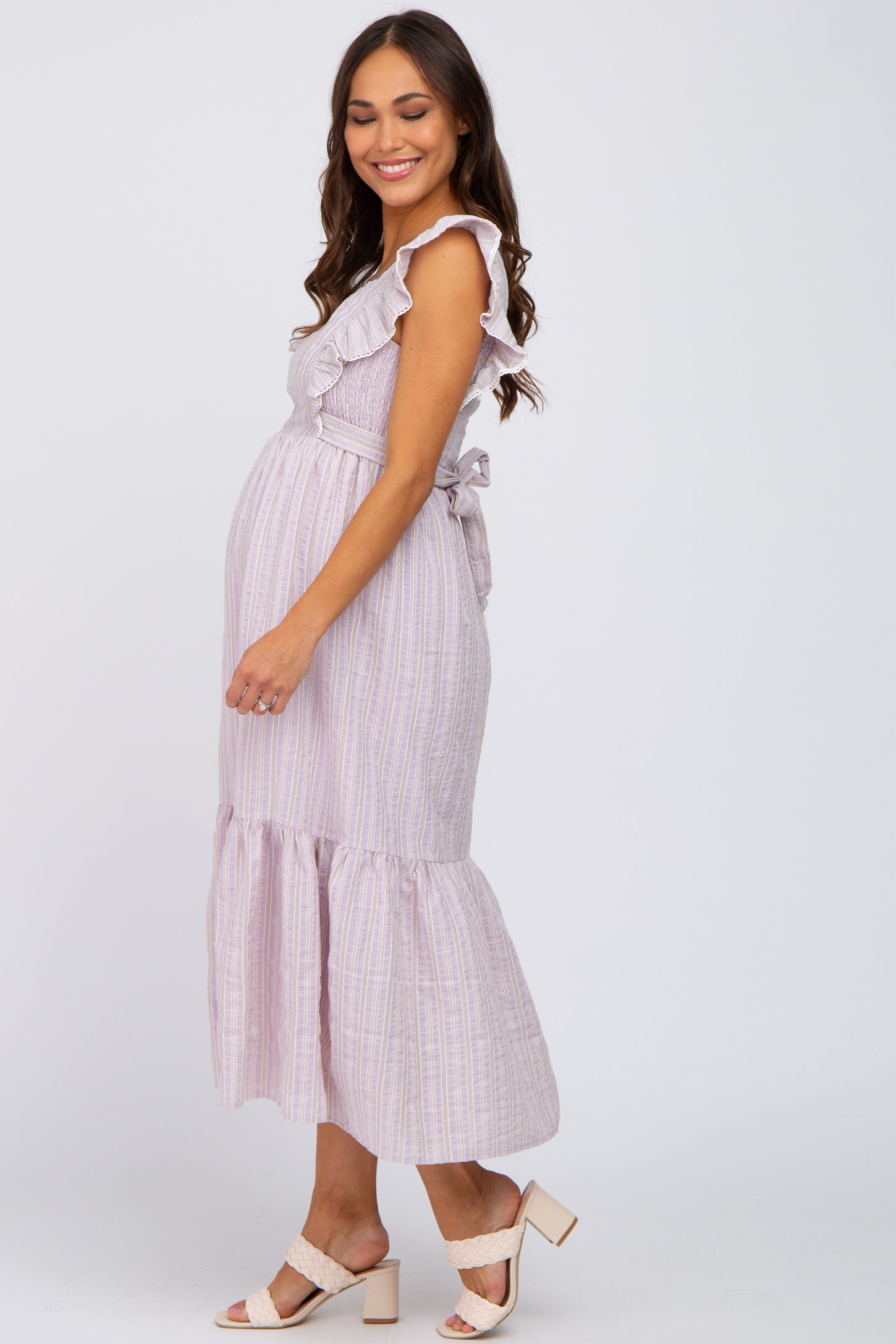 Lilac Striped Ruffle Accent Pinafore Maternity Midi Dress
