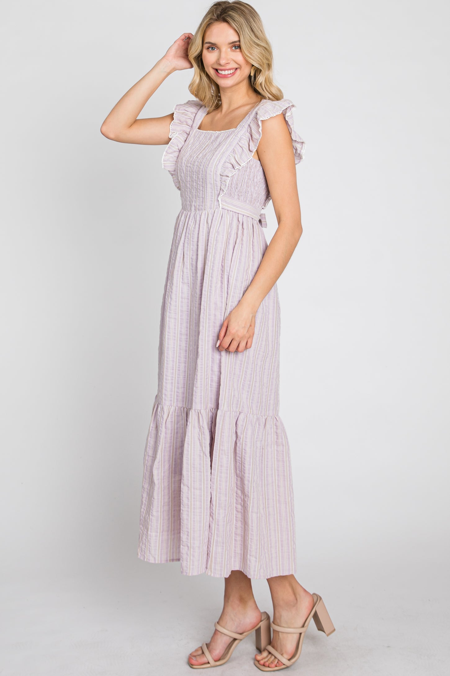Lilac Striped Ruffle Accent Pinafore Midi Dress