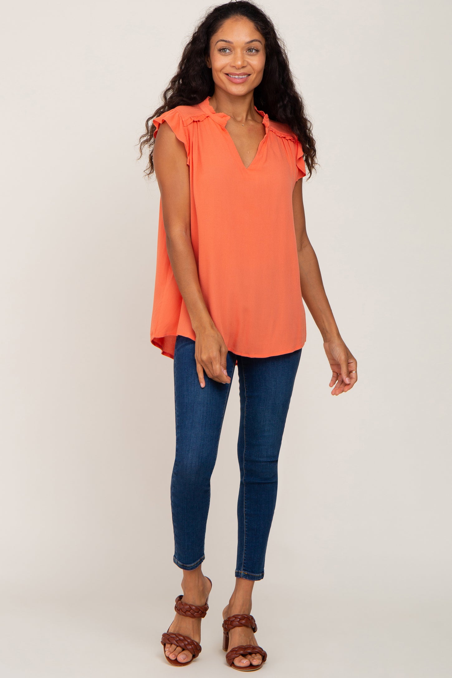 Orange Ruffle Accent Split Neck Blouse