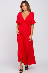 Red Solid Ruffle Maternity Maxi Dress