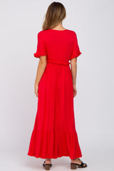 Red Solid Ruffle Maxi Dress