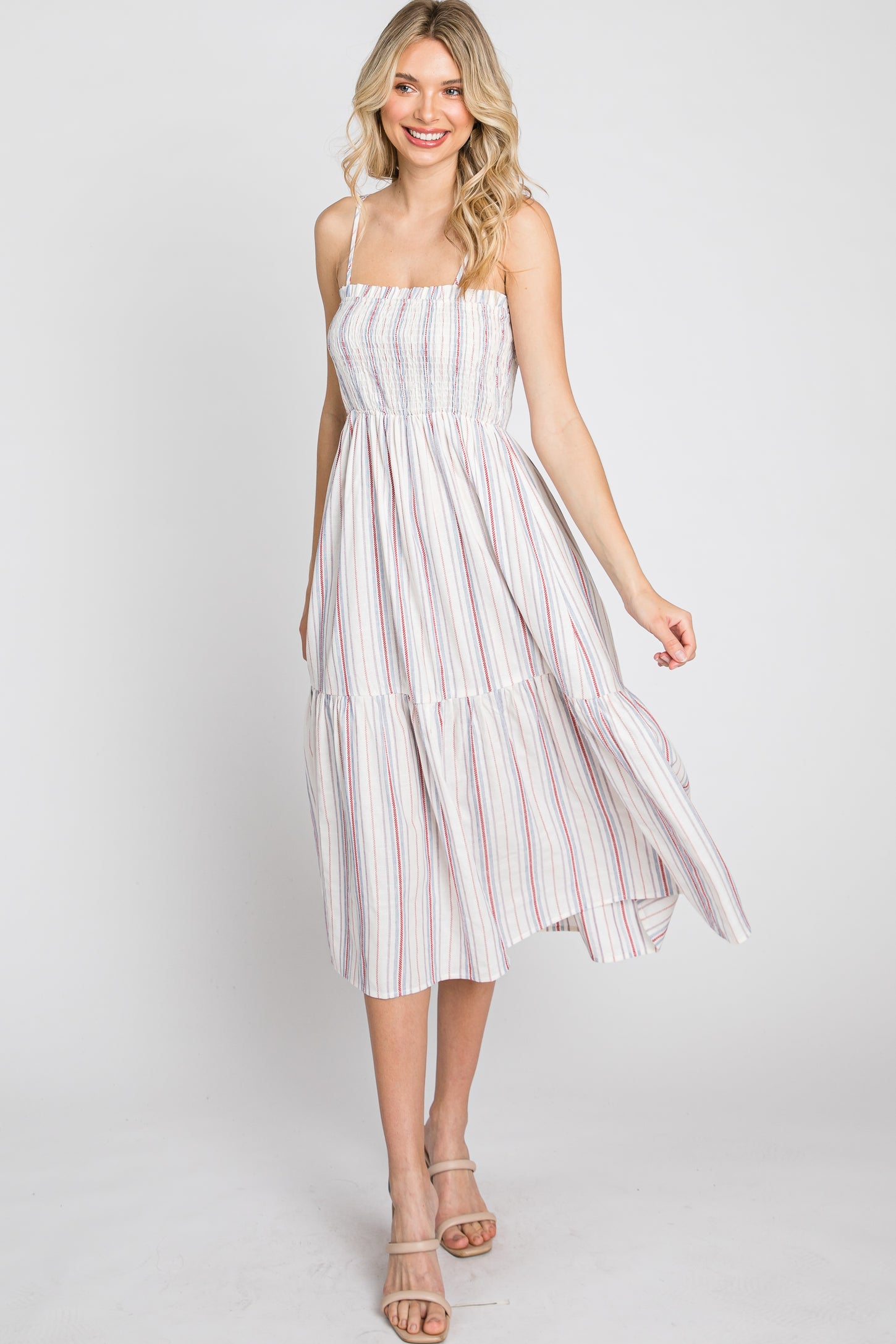 Red Striped Smocked Square Neck Midi Dress