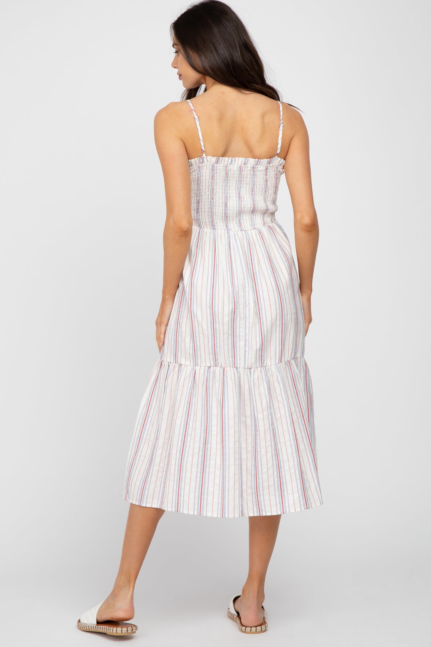 Red Striped Smocked Square Neck Maternity Midi Dress