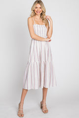 Red Striped Smocked Square Neck Maternity Midi Dress