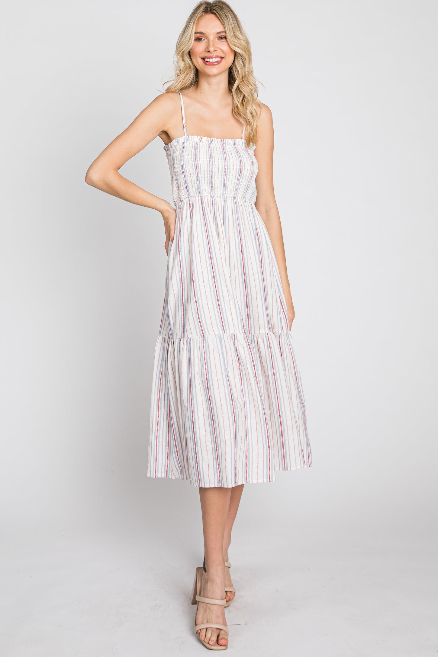 Red Striped Smocked Square Neck Midi Dress