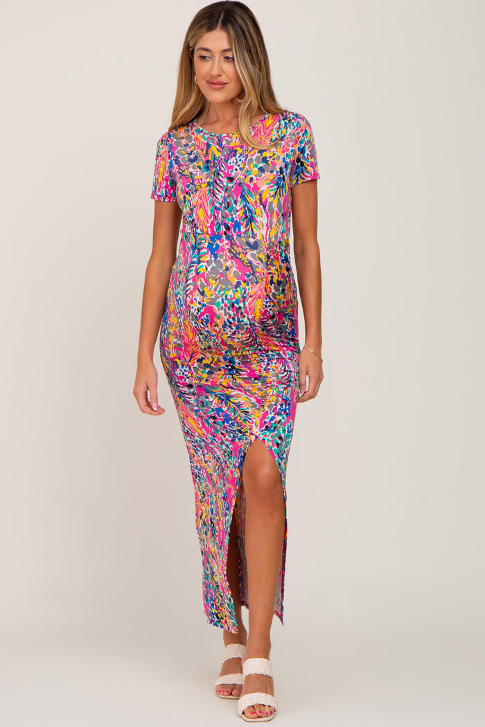 Fuchsia Multi-Color Floral Side Slit Maternity Maxi Dress