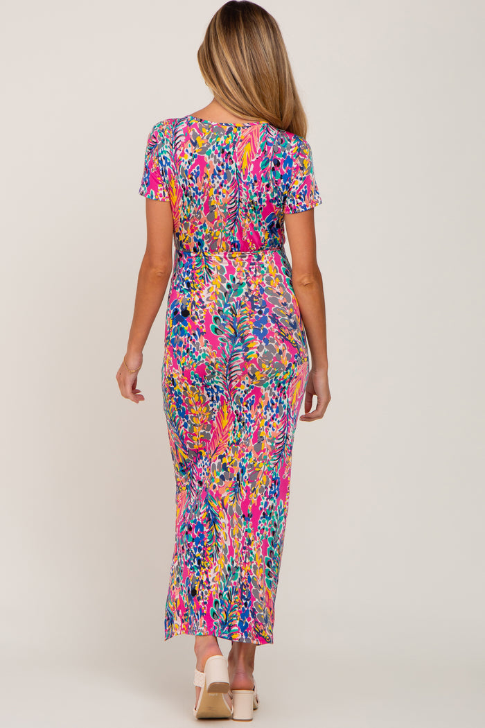 Fuchsia Multi-Color Floral Side Slit Maternity Maxi Dress