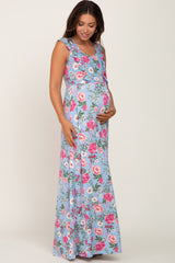 Light Blue Floral Flounce Maternity Maxi Dress