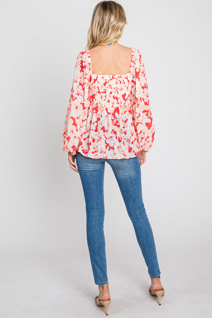 Red Floral Cutout Front Long Sleeve Blouse