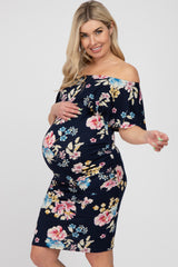 Navy Floral Off Shoulder Maternity Fitted Dress